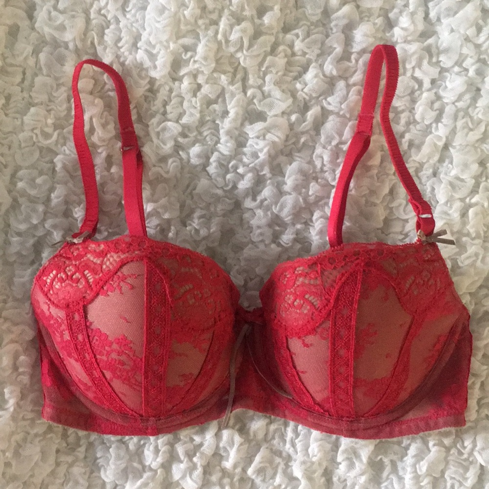 Red Lace Over Nude Bra